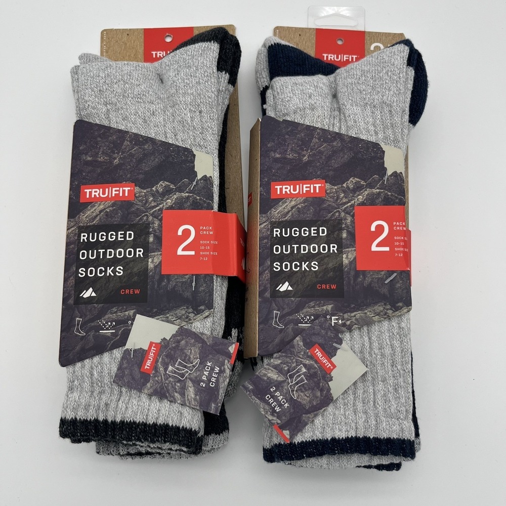 TruFit Rugged Outdoor Socks Mens Sock Size 10-15 Crew Gray 2- 2 Packs Hiking